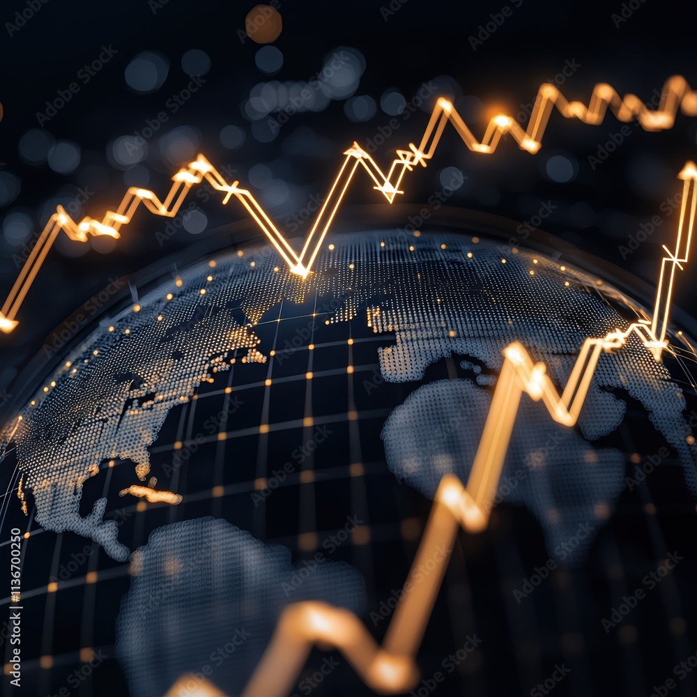 Poster a digital representation of data trends with glowing lines and dots against a dark background, illus