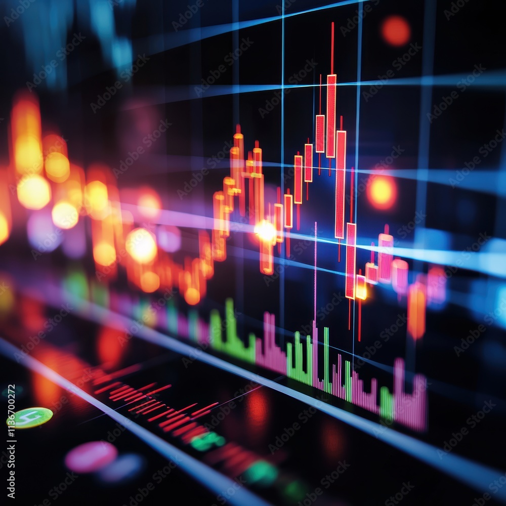 Poster a digital representation of data trends with glowing lines and dots against a dark background, illus