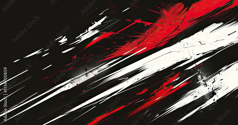 Poster abstract composition featuring dynamic red and white brush strokes on a dark background.
