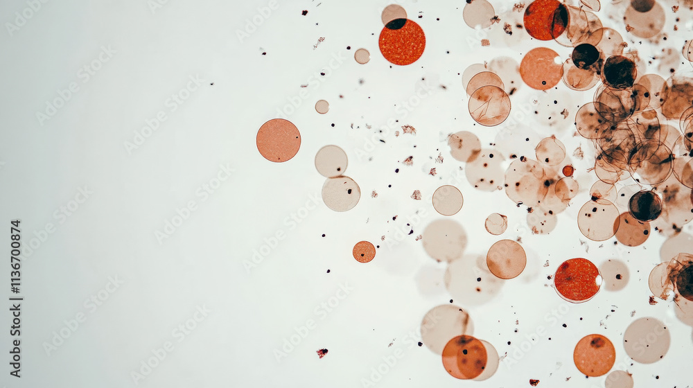 Poster abstract image with variously sized orange and brown circles scattered across a light background, re