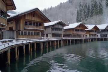 Fototapeta premium The village inside mountain valley settlement near a lake, featuring breathtaking mountain scenery and a historic old town