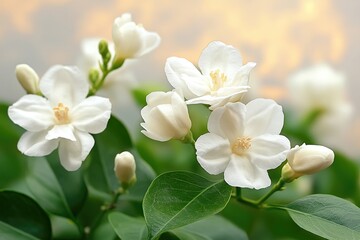 Fototapeta premium Delicate White Flowers Blossom on Green Leaves