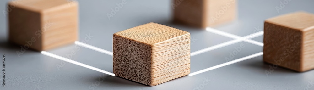 Poster a close-up of wooden blocks arranged in a linear pattern on a grey surface, illustrating a minimalis