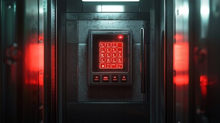 Fototapeta premium High-Tech Security System with Digital Keypad and Red Lighting in a Modern Safe Room Environment, Showcasing Advanced Security Features and Contemporary Design Elements