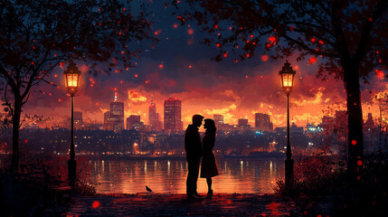 Fototapeta premium Couple in soft evening light sharing a romantic kiss by the riverside with city skyline