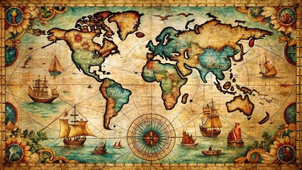 Naklejka premium Vintage Style Nautical World Map Illustration Depicting an Old Medieval Maritime Exploration Theme with Intricate Detailing and Aged Textures for Historical Enthusiasts