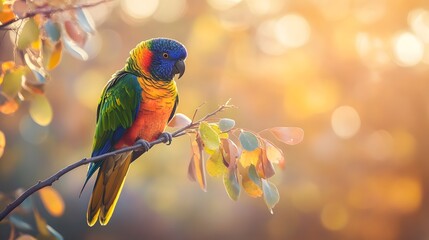 Rainbow Lorikeet Perched on Branch at Sunset