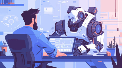Caucasian Engineer Programming Domestic Personal Robo