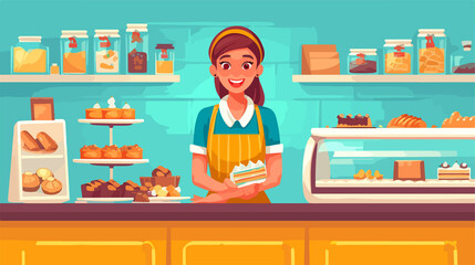 Cheerful Caucasian Female Bakery Worker Presenting Pastry with a Smile