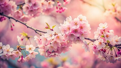 Obraz premium Vintage Style Photography Capturing the Timeless Elegance of Japanese Cherry Blossoms as a Whitespace Wallpaper Background for a Beautiful Concept of Serenity and Nature
