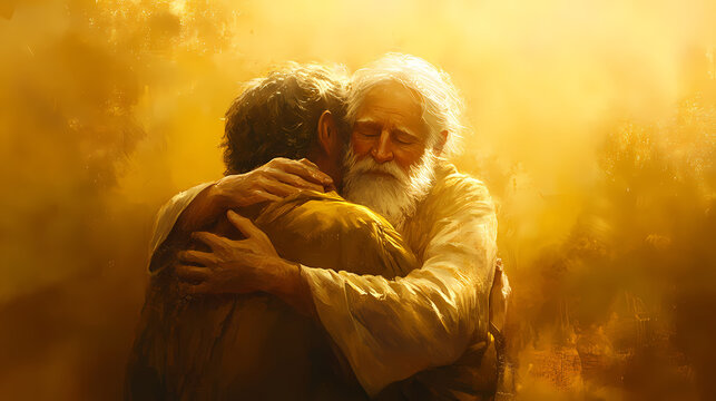 The prodigal son is embraced by his father bathed in the golden light of reconciliation. Embrace. Illustration