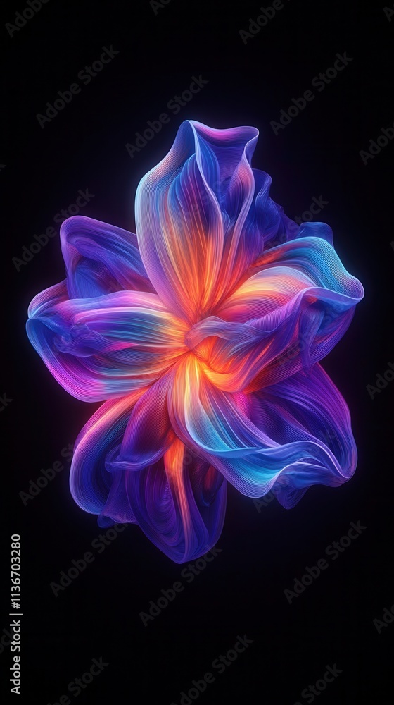 Poster a vibrant, abstract flower with glowing colors and intricate patterns, set against a dark background