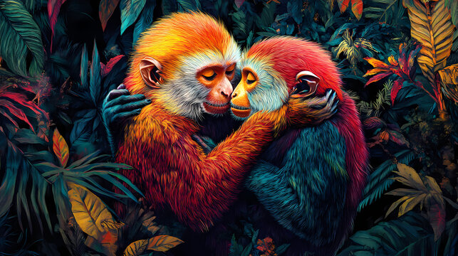 Two colorful monkeys embrace in a lush, vibrant jungle setting. Embrace. Illustration
