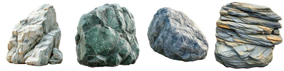 Obraz premium A Set of Heavy Rocks with Rough Surface Texture, Isolated on Transparent Background