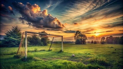 Vintage Style Photography of a Classic Soccer Field at Dusk, Capturing the Timeless Charm of the Game with Weathered Goalposts and Lush Green Grass