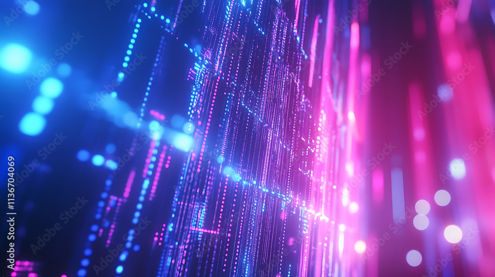 Poster optical data concept depicted by abstract glowing lines on a dark background. the high speed, vast c