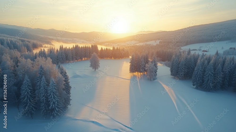 Canvas Prints Winter sunrise over a frost covered forested island surrounded by a snowy landscape