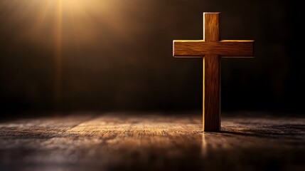 Naklejka premium Wooden Cross Rests on Dark Wooden Surface