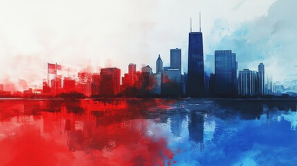 Obraz premium A watercolor painting of the Chicago skyline, with the flag of Chicago blending into the colors.