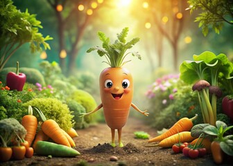 Vintage Style Photography of a Cute Cartoon Carrot Character with a Happy Face, Surrounded by Colorful Vegetables in a Whimsical Garden Setting