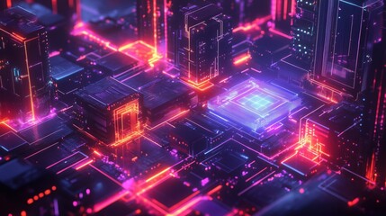 Fototapeta premium Cybernetic graphic representation of virtualization with dynamic data flows and radiant network nodes