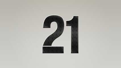 3D Bold metal number 21 on silver background.