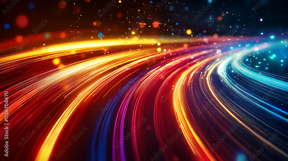 Poster render of abstract neon background with colorful speedway lines and glowing energy stream, abstract,