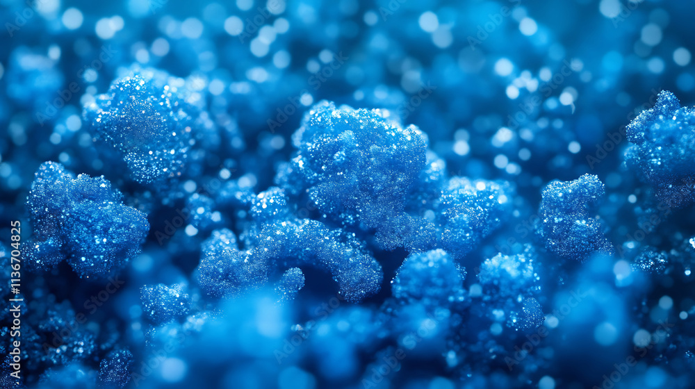Poster magnified view of spherical blue cells floating in fluid. intricate surface textures with visible po