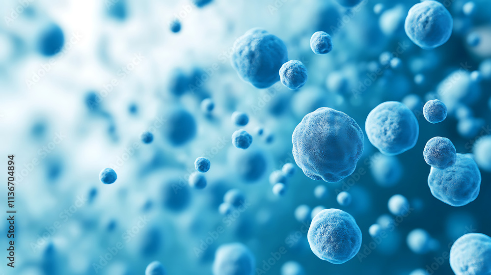 Poster magnified view of spherical blue cells floating in fluid. intricate surface textures with visible po