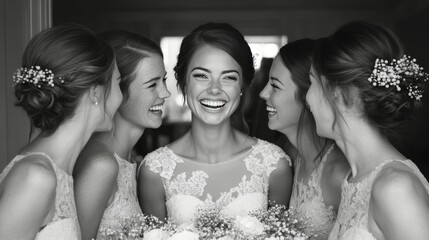 Joyful moment shared by a bride and her bridesmaids before the wedding ceremony
