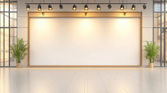 A spacious, well-lit room features a large blank wall with overhead spotlights, framed by potted plants, ideal for exhibitions or presentations.