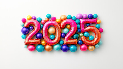 Fototapeta premium Colorful balloons forming year 2025, surrounded by vibrant spheres, creating festive and playful atmosphere. Perfect for celebrations and events