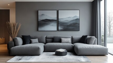 Stylish modern living room with gray sofa and abstract wall art in contemporary design