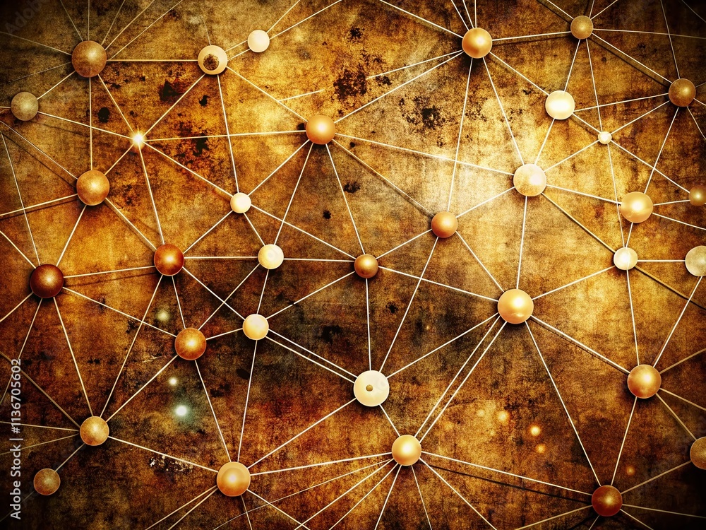 Poster vintage style photography of a lattice of interconnected dots and lines symbolizing the web of globa