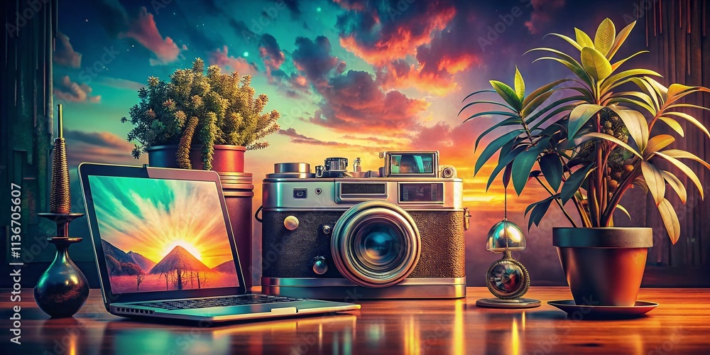 Poster vintage style photography of ai integration in graphic design showcasing digital technology and high