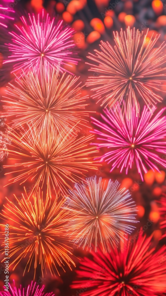 Poster a vibrant display of colorful fireworks bursting in various shapes and sizes against a dark backgrou
