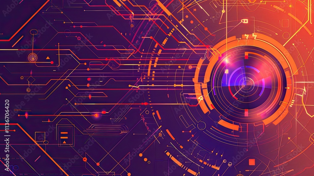 Poster abstract digital design featuring circuit patterns and vibrant colors.