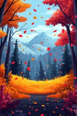 Autumn landscape with colorful trees and mountains in the background near a path