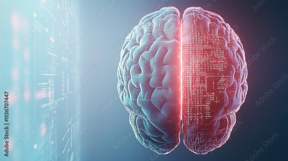 Poster futuristic image of a human brain with digital elements, symbolizing the intersection of technology 