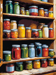 pantry shelf with jars of chutneys and vegetables vector illustration
