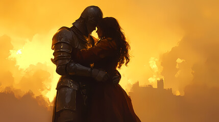 Romantic embrace between a knight and a lady in a dramatic sunset backdrop. renaissance. illustration. Embrace. Illustration