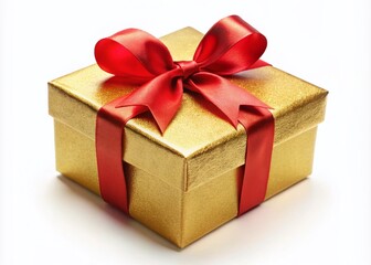 Vintage Style Photography of a PNG Gold Gift Box with a Red Ribbon on a White Background, Perfect for Celebrations, Holidays, and Special Occasions in Elegant Design