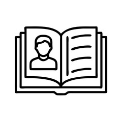 book with author portrait icon, book lovers day line art, book lovers day icon - simple black line art icon of book with author portrait, for book lovers day celebrations. book lovers day vector art.