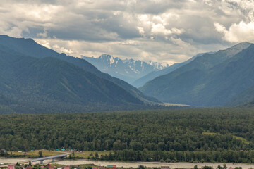 Fototapeta premium Beautiful view of Belukha mountain. Tyungur village, Altai republic, Russia