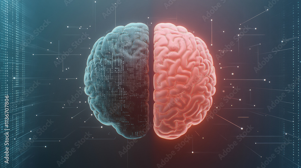 Poster a digital representation of a brain divided into two contrasting halves, symbolizing the connection 