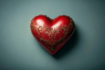 A beautifully ornate red heart-shaped box adorned with intricate gold detailing, resting on a muted teal background.