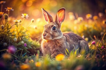 Fototapeta premium Vintage Style Photography of a Rabbit on the Ground in a Serene Natural Setting with Soft Lighting and Warm Tones, Evoking Nostalgia and Timelessness in the Scene