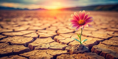 Vintage Style Photography of a Resilient Flower Growing in a Parched Desert, Capturing Dew Drops on Its Petals Amidst Arid Surroundings and Harsh Landscapes