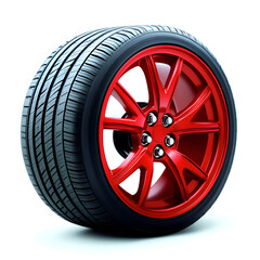 Fototapeta premium A stylish red alloy wheel with a high-performance tire, perfect for automotive enthusiasts.