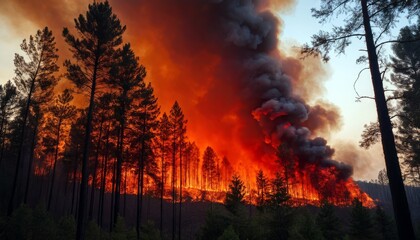 Forest Fire Nature Burning Disaster Massive Wildfire Consumes Dense Forest Trees